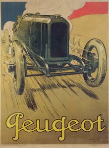 Peugeot-kilpa-autoa mainostava juliste, n. 1918